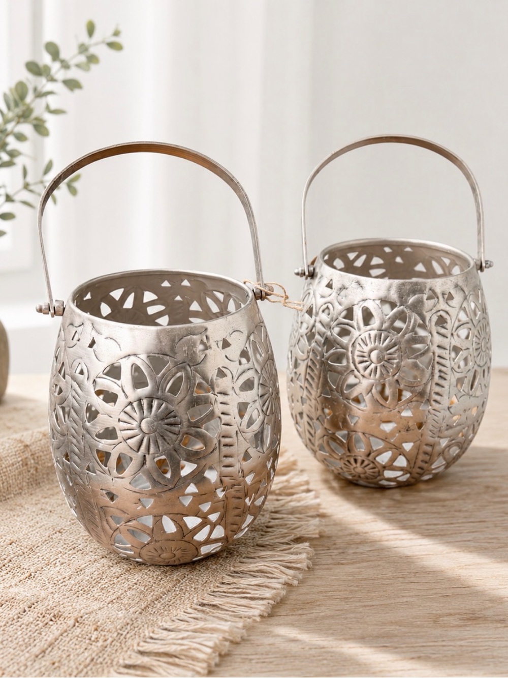 Metal Filigree Lantern Set - Silver Decorative Candle Holders